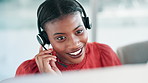 Call center, customer support and black woman on computer for consulting, help and CRM service. Telemarketing, networking and business person with headset for contact, connection and communication