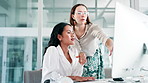 Computer, teaching or business women speaking of project feedback review or research online. Woman training, manager coaching or worker talking for learning, teamwork or consulting to help on pc 
