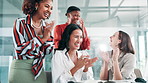 Celebration, office and business people with applause on computer for victory, success and achievement. Teamwork, corporate and excited women clapping hands for online news, promotion and winning