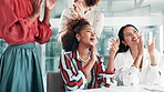 Success, women or business people clapping in presentation for winning, team support or motivation. Smile, celebration or applause of proud or happy employees for target goals or office achievement 
