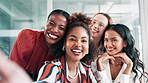 Happy woman, colleagues and selfie with friends at office for photography, goofy or silly picture. Portrait of person or group of employees with smile for photo or fun moment together at workplace