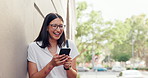 Happy, phone and business woman in city typing message for social media, communication and networking. Professional, travel and person on smartphone for internet, website and online chatting in town