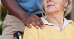 Wheelchair, senior woman and caregiver hand with support, healthcare and volunteer at hospital. Rehabilitation, medic and retirement home with person with disability and nurse at clinic with help