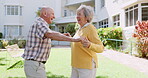 Senior couple, laugh and dancing outdoors, retirement and celebrate a marriage milestone on grass. Elderly people, garden and spin on lawn of nursing home, romance and anniversary of love on date