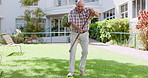 Elderly, man and walking stick or dancing outdoor for fun in retirement for comedy happiness, weekend or garden. Old person with a disability, cane and goofy senior or carefree positive, joy or grass