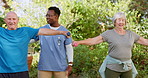 Elderly care, weightlifting for exercise and physio, old people and caregiver in garden with rehabilitation and healing. Happy, trust and muscle training for physical therapy outdoor at nursing home