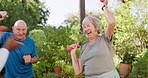 Senior care, old people and caregiver dancing, exercise and physiotherapy in garden for rehabilitation. Energy, happy and weightlifting with dumbbells for muscle training outdoor at nursing home