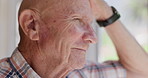 Senior man, thinking and closeup at window for vision, memory or idea for decision in retirement. Elderly person, remember and nostalgia for reflection, perspective or view in morning in nursing home