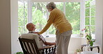Chair, love or old couple in home to relax for connection, support, bonding with trust together. Back view, touch or elderly people in marriage, house or retirement with commitment, care or affection