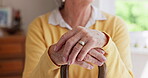 Old patient, hands or cane on retirement in nursing home, arthritis or support or rehabilitation of injury . Elderly care, relax or walking stick for carpal tunnel or help for person with disability