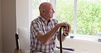 Old man, window and thinking on cane in nursing home, memory and support for arthritis for healthcare. Elderly patient, relax or bedroom with walking stick for gout or help for person with disability