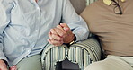 Closeup, hand and senior couple for love, support and security in retirement in living room. Faith, elderly people and fingers together in empathy, hope and trust in praying, partnership and kindness