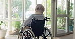 Elderly woman, wheelchair and thinking at window in morning sunshine in neck brace for recovery. Senior lady, injury and person with disability at clinic, hospital or nursing home for rehabilitation