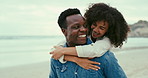Piggyback, conversation and couple at beach on holiday, vacation or travel for romantic date together. Love, happy and interracial young man and woman hugging and having fun by ocean on weekend trip.