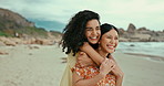 Lesbian, beach and hug with couple, love and vacation with happiness and romance with relationship. Queer people, seaside or women with embrace and bonding together with lgbtq or marriage with travel