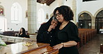 Grief, crying and women at coffin together at memorial service at church for respect, support and comfort. Death, funeral and widow with sad girl, memory and embrace at casket for spiritual farewell.