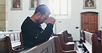 Mexican man, funeral and praying at church with sadness, alone and religion for grief with comfort, gratitude and respect. Death, spiritual and gratitude before memorial service or wake for farewell