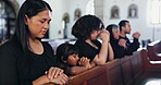 Funeral, service and people in church praying at memorial and ceremony in religion for death and mourning loss. Christian, family and sad congregation thinking of memory or respect prayer in chapel