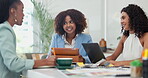 Business women, meeting and teamwork for project ideas, discussion and writing notes in public relations. A creative group of people and editor with social media for planning or feedback at a startup