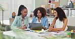 Creative women, meeting and designer on computer for business ideas, planning and teamwork or collaboration on project. Professional group of people with strategy of social media or website on laptop