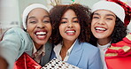 Christmas, friends and selfie with business people at work together for celebration or office party. Portrait, smile and photograph with group of employee women at workplace for festive function