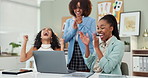 Winner, high five and business women on laptop in office for online bonus, competition and achievement. Success, teamwork and excited workers on computer celebrate good news, promotion and winning