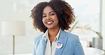 Vote, badge and face of a black woman with pin for election and voting decision with smile. Registration, portrait and campaign assistant with political job and government administration to register