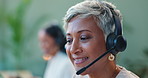 Call center, communication or senior woman in office consulting for faq, contact us or customer support. Telemarketing, help or old female consultant with telecom, questions and crm, sales or service