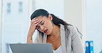 Woman, stress and office with frustrated, laptop and burnout from work, Businesswoman, technology and headache with pain, mental health and tired employee in workplace with mistake and migraine
