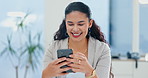 Business woman, phone and laughing in office for social media, chat and networking on internet. Professional person, employee or public relations worker typing on her mobile for funny communication