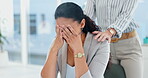 Woman, stress and office with frustrated, support and burnout from work, Businesswoman, colleague and headache for pain, mental health and tired employee in workplace for mistake or migraine for help
