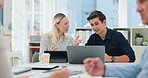 Laptop, teamwork or business people in meeting, discussion, conversation in workplace for planning. Solution, talking or group of employees in office for feedback report or digital project on tablet
