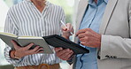 Business people, communication or tablet for note taking on company proposal or technology for online research. Manager, assistant or discussion of email or feedback with meeting minutes in office
