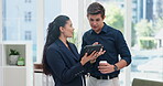 Business people, working or tablet in modern office on company proposal, technology or online research. Accounting team, talking or collaboration on touchscreen, advice or email on financial project