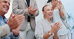 Business people, happy and applause for celebration with success for company achievement or sales goal. Teamwork, employees or clapping hands for onboarding support, congratulations or target victory