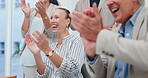 Business people, cheering and applause for success with celebration for company achievement or sales goal. Team, employees and clapping hands for onboarding support, congratulations or target victory