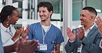 Doctors, celebration and success on tablet for medical news, congratulations and achievement. Healthcare staff, nurses and leader on digital technology, announcement and applause or clapping hands