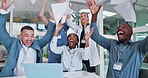 Doctors, celebration and throw documents for news on laptop, success and achievement or goals in teamwork. Medical staff, nurses and people with applause, clapping and wow or paper in air on computer