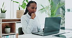 Business woman, thinking and laptop for online research in office and information on digital tech at desk. Black person, editor and inspiration on internet and creative writing on computer on blog