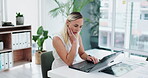 Business woman, idea and laptop for typing in office desk and online proposal for corporate project. Accountant, thinking or reading information for financial performance or email for company report