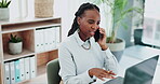 Business woman, phone call and laptop for online research in office and talking of information on website. Black person, government or professional with smartphone or discussion on public governance