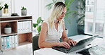 Business woman, writing and laptop for typing in office desk and online proposal for corporate. Accountant, thinking and email on financial performance for company report and document for feedback