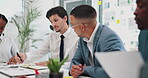 Business people, planning and teamwork with meeting ideas, notebook and brainstorming for data analytics solution. Professional advisor, analyst or employees talking, advice and feedback with notes