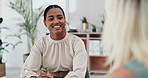 Meeting, discussion and business women in office for planning, conversation and consulting. Corporate, professional and workers for collaboration, teamwork and talking for project, review or feedback