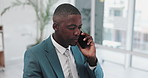 Phone call, communication and business black man in office for networking, communication and speaking. Professional, corporate and person on smartphone for online chat, conversation and consulting