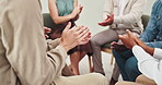 People, applause and together in group therapy with circle, cheers and breakthrough for mental health. Men, women and empathy for clapping hands, help and psychology with goal, success or celebration