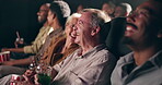 Diversity, people and laugh for comedy in movie for fun, enjoy and joke for entertainment with popcorn. Audience, crowd and theatre for premier or watch show with drama, action and happy with story
