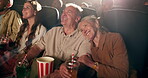 Senior couple, cinema and laugh for comedy in movie for fun, enjoy and joke for entertainment. Audience, crowd and theatre for premier or watch show with drama, action and happy with bonding
