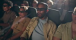 People, audience and 3d glasses in cinema with shock for performance entertainment at film festival, horror or excited. Men, women and crowd for movie screening in seat rows, auditorium or theater