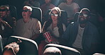 People, audience and cinema with 3d glasses for movie entertainment with popcorn, film festival or watching. Men, women and auditorium chairs for show screening in theater, performance or relaxing